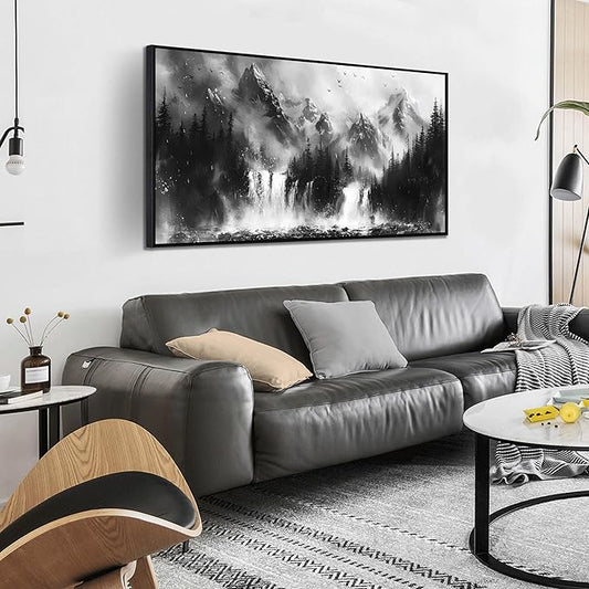 Foggy Forest Art Wall Decor for Living Room - Office Artwork Wall Decor - Black and White Framed Wall Art for Bedroom Size 24" x 48"