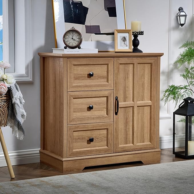 3+1 Dresser for Bedroom, Log Dressers Storage with Wooden Drawers and Cross Door, TV Stand Chest of Drawers for Bedroom, Living Room