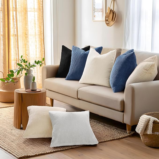 Mecatny Corduroy Decorative Throw Pillow Covers 18x18 Set of 2 for Sofa Living Room, Soft Neutral Boho Couch Pillow Covers for Home Decor, Navy Blue