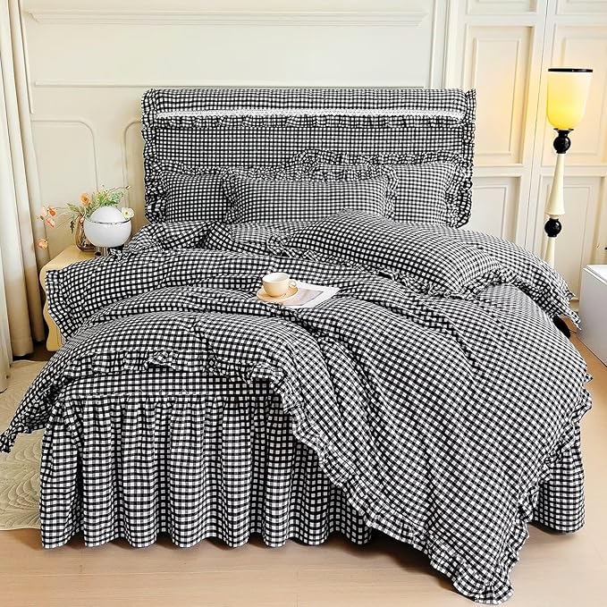 mixinni Vintage Black Gingham Ruffle Comforter Set 3-Piece Washed Cotton King Size Grid Bedding Set with Geometric Checkered Pattern, Farmhouse Chic Soft Fluffy Comforter for All-Season
