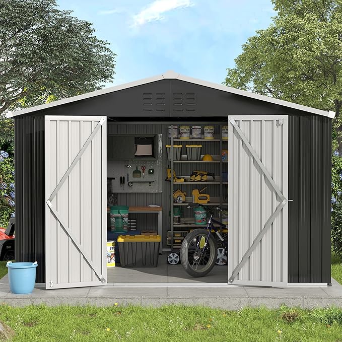 UDPATIO Outdoor Storage Shed 10x12 FT, Outside Sheds & Outdoor Storage Metal Galvanized Steel Yard, Patio, Lawn, Tool Shed with Lockable Door for Can, Bike, Lawnmower, Generator,Dark Grey