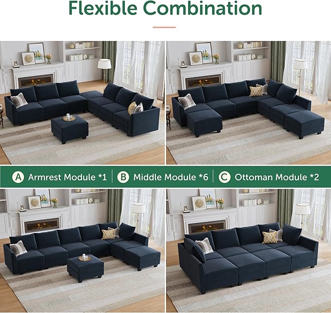 HONBAY Modular Sectional Sleeper Sofa Velvet Sleeper Couch with Storage Seats Oversized Sectional for Living Room,Dark Blue