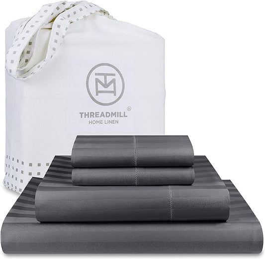 Threadmill 500 Thread Count Queen Size Damask Stripe, 4 Pc Luxury Cotton Sheet Set, Silky Smooth Dark Grey Sheets with 16" Elasticized Deep Pocket, 2 Pillowcases & Free Tote Bag