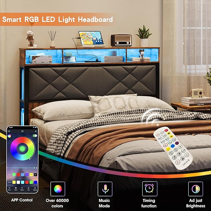 Full Size Headboard, Bed Headboard with Wood Bookcase, Charging Station, LED Light, Adjustable Height, Headboards Queen with Storage, Linen, Rustic Brown and Black