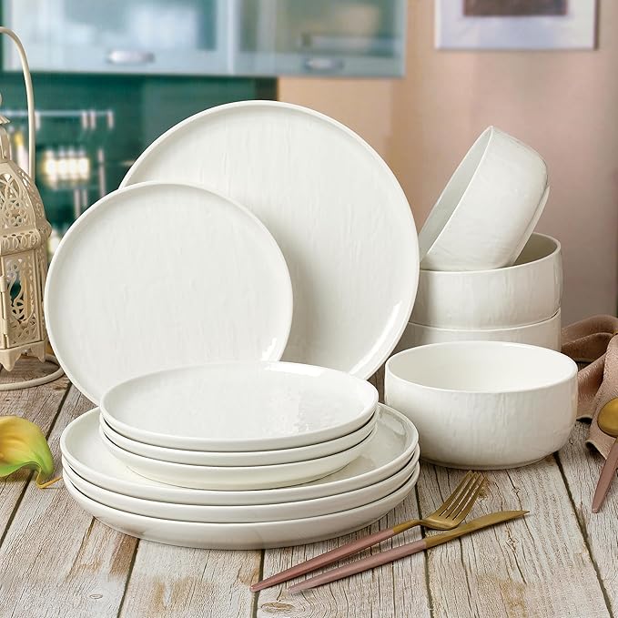 “Kai” 12-piece Stoneware Dinnerware Set with Protective Glaze Finish, Service for 4, White