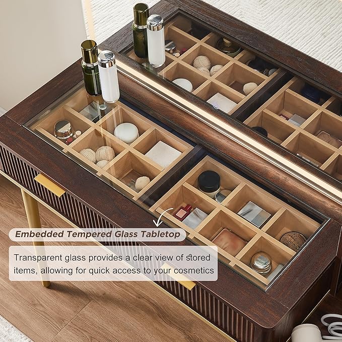 T4TREAM Fluted Makeup Vanity Desk with 36" HD Lighted Mirror, 48" Big Modern Vanity Desk with Mirror and Lights, Dressing Table with 5 Drawers & Shelves, Glass Top for Bedroom (Dark Walnut)