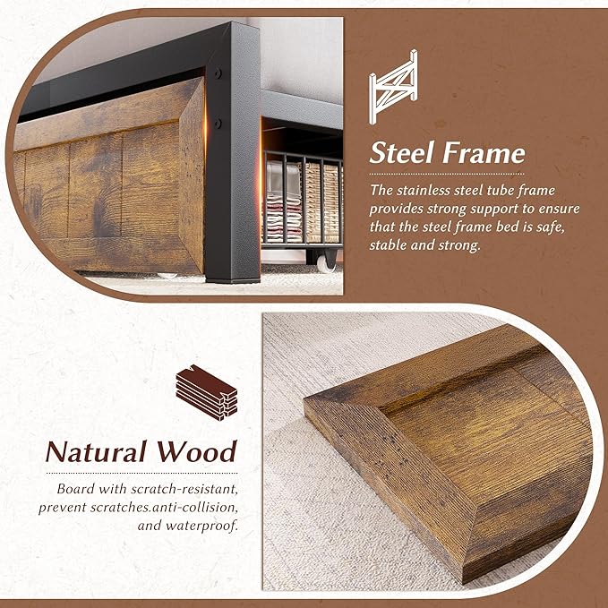 EnHomee Full Size Bed Frame with Headboard and Storage, 2 Drawers & LED Light Built in Charging Station,NO Noise,No Box Spring Needed,Brown