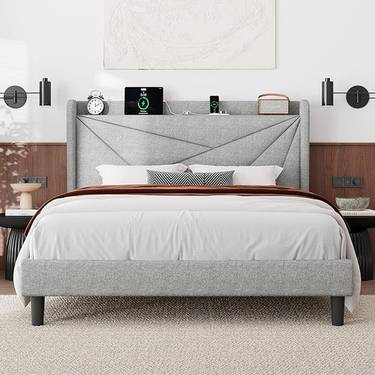 Feonase Queen Bed Frame with Charging Station, Linen Upholstered Platform Bedframe with Wingback Headboard, Solid Wood Slats Support, Noise Free, No Box Spring Needed, Light Grey