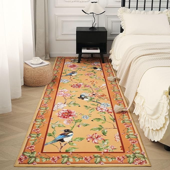 Runner Rug for Kitchen 2'6"x8' Washable Rugs with Rubber Backing Soft Floral Bird Magpies Floral Animal Carpet Runner for Kitchen, Laundry, Bedroom, Bathroom (Yellow)