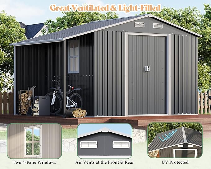 AMERLIFE 10.6x6.8x6.3 FT Galvanized Metal Storage Shed with Open Firewood Bay, Sliding Doors & Ramp, 2 Windows & Vents, Weather-Resistant Outdoor Tool/Garden Shed, Dark Gray