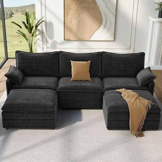 Vesgantti 108" U Shaped Sectional Couch, Comfy Cloud Modular Sectional Sofa with 2 Ottoman Deep Seat Corduroy Modern Cloud Sofa, Modular Sofas for Living Room, Bedroom and Apartment, Gray