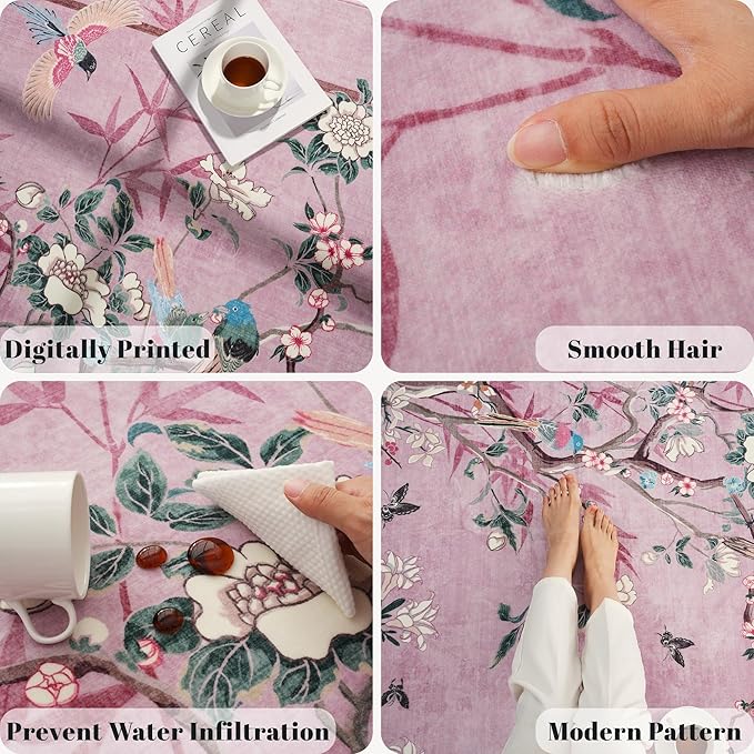 Runner Rug 2x6 Chinoiserie-Style Floral Vintage Kitchen Rugs Non Slip Washable with Rubber Backing Soft Carpet for Laundry, Bedroom, Bathroom, Pink