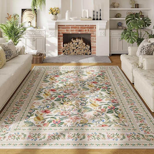 Area Rugs 8x10 for Living Room Clearance Washable Vintage Floral Rug Non Slip Low Pile Large Rug for Bedroom, Farmhouse, Dining Room, Kids Playroom, Beige
