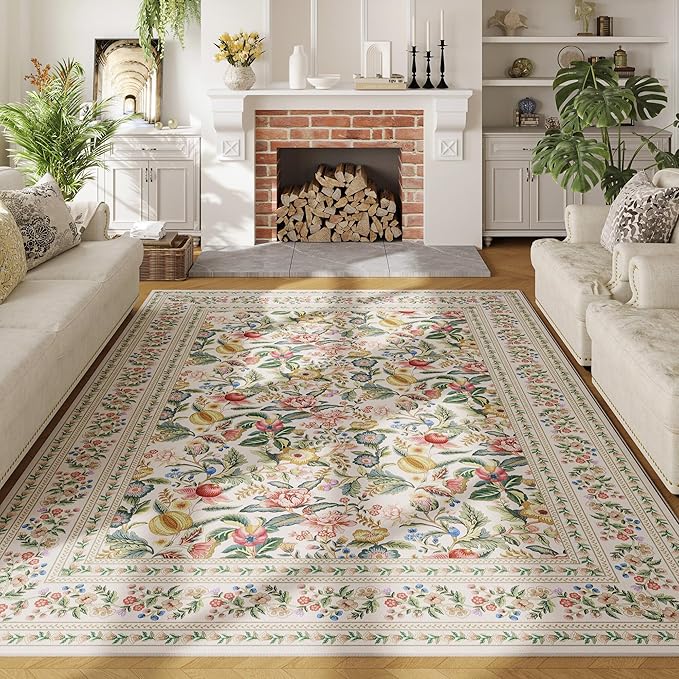 5x7 Washable Rug Vintage Floral Area Rug Non Slip Low Pile Large Rugs for Living Room, Bedroom, Farmhouse, Dining Room, Kids Playroom, Beige