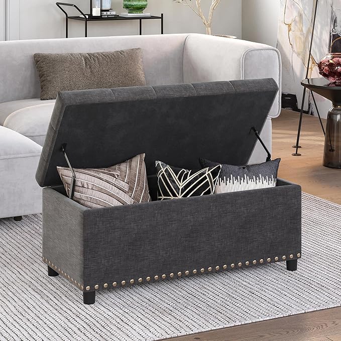 BELLEZE 35" Tufted Ottoman, Storage Bench with Safety Close Hinge, Ottoman with Storage for Living Room, Entryway, Hallway, Foot Rest, Support 300lbs - Dark Grey