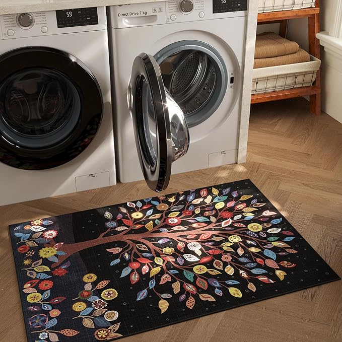 Door Mat Indoor Entrance 2x3 Rug Floral Tree Machine Washable Small Area Rug Bohemian Non-Slip Low Pile Throw Rugs for Entryway, Kitchen, Front Door Indoor Entrance, Entry, Kids Room, Black