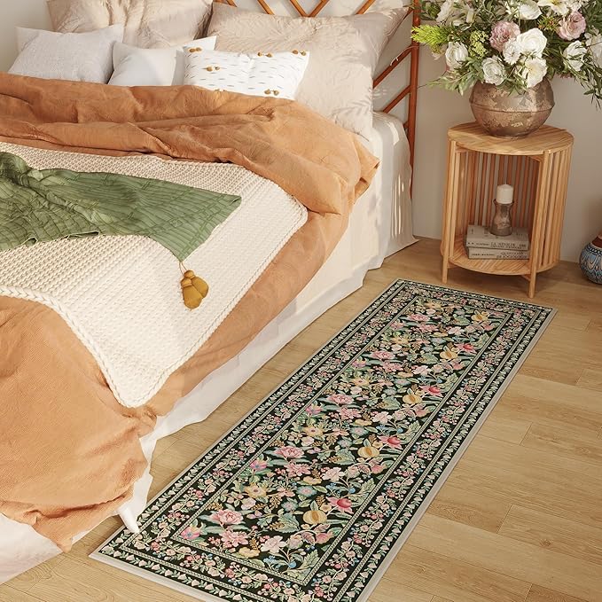 Runner Rug for Kitchen Rug Non Slip 2'6"x8' Washable Rugs with Rubber Backing Soft Vintage Floral Carpet Runner for Kitchen, Laundry, Bedroom, Bathroom, Green