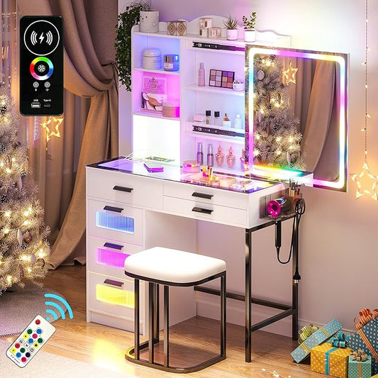 RGB Vanity Desk with Sliding Mirror and Lights, LED Makeup Vanitys with Charging Station, Glass Top Dressing Table Set with Jewelry Organizer,6 Drawers,Stool,Shelves for Bedroom(White)
