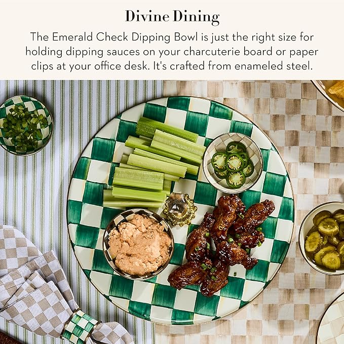 MACKENZIE-CHILDS Enamel Dipping Bowl, Small Serving Bowl for Entertaining, Green-and-White Emerald Check