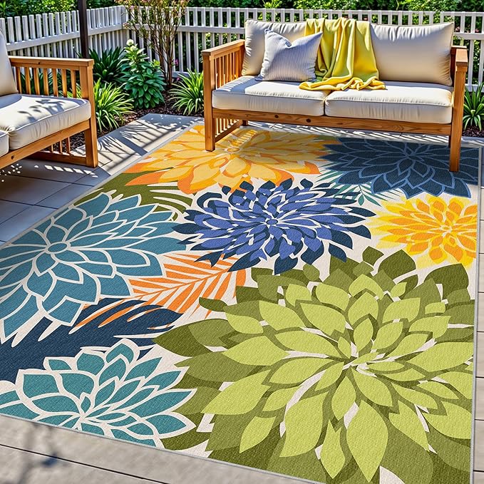 Indoor Outdoor Area Rug Washable Multicolored Patio Rug Tropical Botanical Modern Floral Indoor Outdoor Carpet Non Slip Yellow Green Rug Non Shedding for Patio, Deck, Backyard, Porch (8x10)