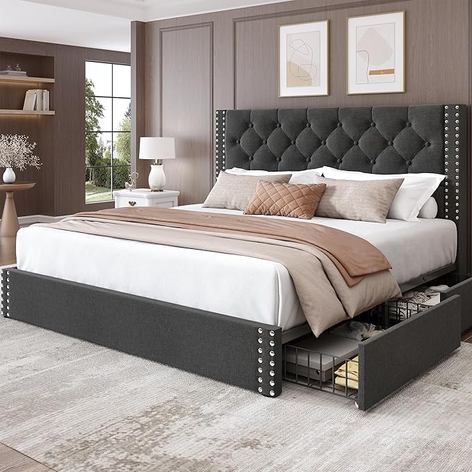 Queen Size Bed Frame with 4 Storage Drawers and Tufted Headboard Linen Upholstered Platform Bed Frame with Heavy Duty Wood Slats, No Box Spring Needed, Easy Assembly, Grey