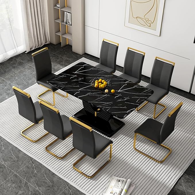 Dining Table Set for 8, Kitchen Table Chairs Set of 8, Modern Dining Room Set with 71 inch Marble Dinner Table PU Leather Upholstered Chairs for Dining Room Kitchen
