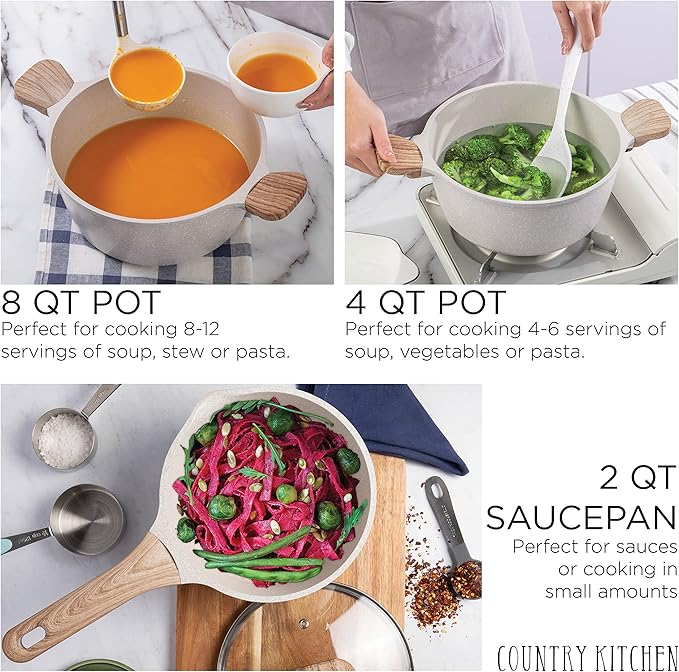 Country Kitchen Non-Stick Cast Aluminum Cookware Set - Durable Kitchen Cookware for Everyday Cooking, Speckled Cream, 8 Pc.