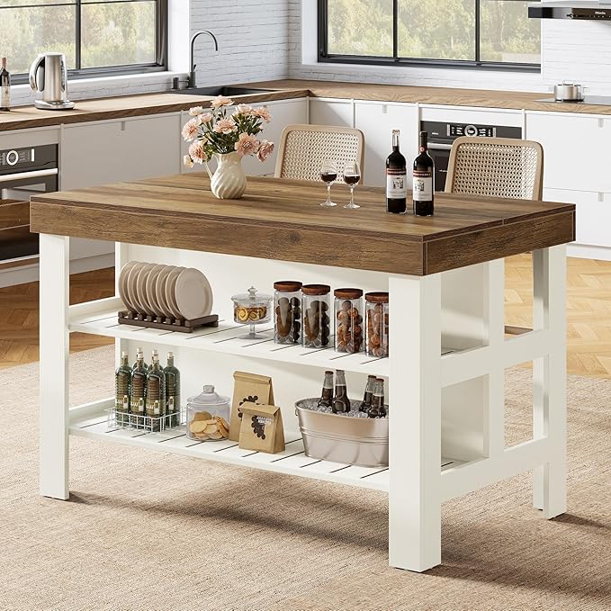 Tribesigns Kitchen Island with Seating and Storage Shelves, 55.1-Inch Breakfast Counter Farmhouse Island Table for Kitchen Dining Room