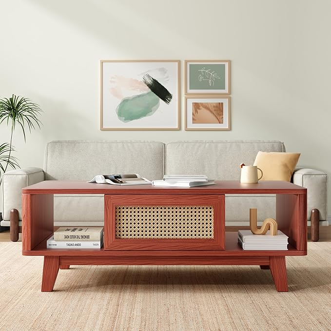 Soohow Coffee Table, Mid Century Living Room Tables with Storage, Modern Square with Rattan Drawer, Wooden Living Room Table with Solid Wood Leg