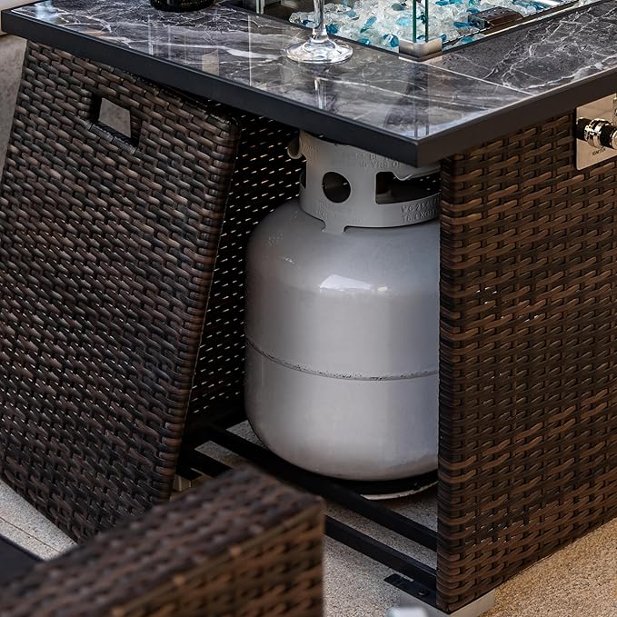 30" Propane Gas Fire Pit Table, 50000 BTU Square Fire Pit with Lid & Glass, Tile Tabletop with Beautiful Wicker Base for Outside Patio Deck Garden Courtyard