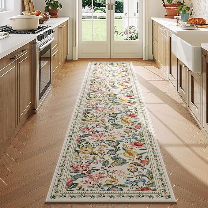 Runners for Kitchen Runner Rug Non Slip 2'x10' Long Washable Rugs with Rubber Backing Soft Vintage Floral Carpet Runner for Kitchen, Laundry, Bedroom, Bathroom, Beige