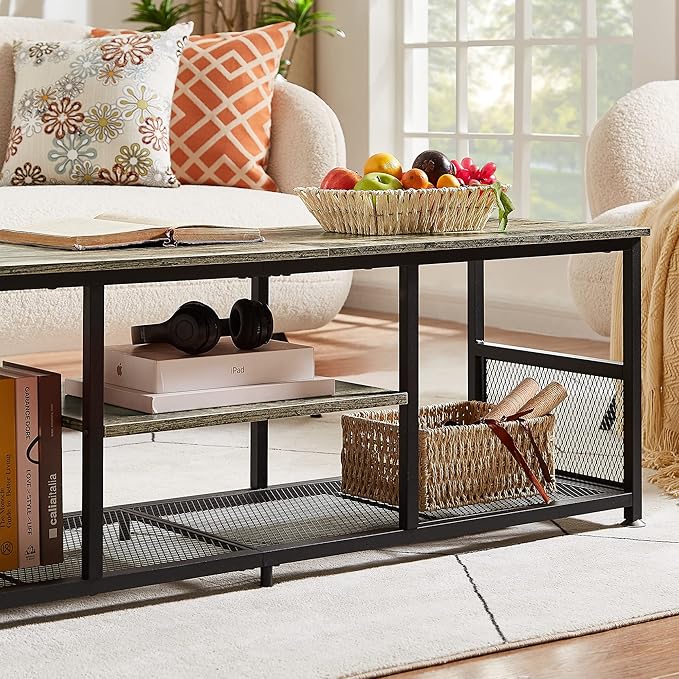 VECELO Industrial TV Stand for Televisions up to 65 Inch, 55" Entertainment Center with Open Storage Shelves for Living Room/Bedroom, 3 Tiers Media Console Table with Metal Frame, Grey, 55 Inches