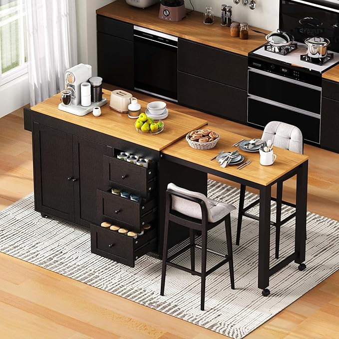 Rolling Kitchen Island on Wheels with Extendable Dining Table, Kitchen Storage Cart with 3 Drawers and Spice Rack, Black