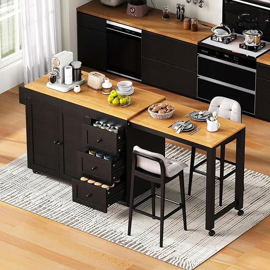 Rolling Kitchen Island on Wheels with Extendable Dining Table, Kitchen Storage Cart with 3 Drawers and Spice Rack, Black