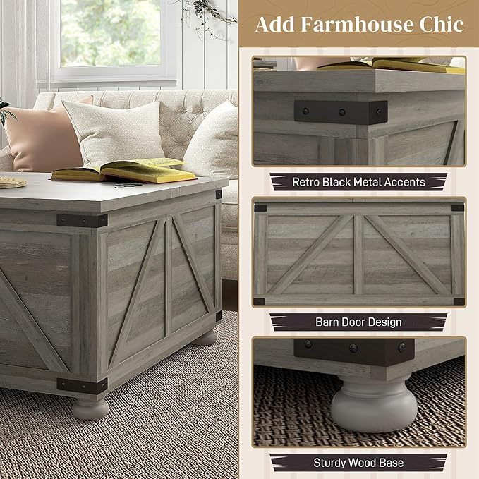HOMCOM Farmhouse Coffee Table, 31.5" Square Coffee Table with Storage, Living Room Center Table with Hinged Flip Lift Top and Hidden Space, Distressed Gray