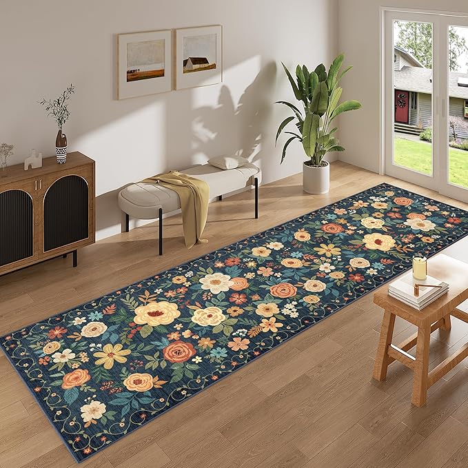 DUKINO 3x10 Runner Rug for Hallway, Washable Kitchen Floral Runner Rug with Non Slip Backing, Low Pile Soft Boho Carpet for Kitchen, Hallway, Entryway, Laundry, Bedroom, Navy Blue