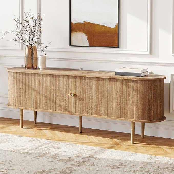 AMERLIFE 70" TV Stand with Solid Wood Legs, Mid Century Modern TV Console with Tambour Door for 80-inch TV, Dust-Proof Storage Cabinet for Living Room, Natural Oak