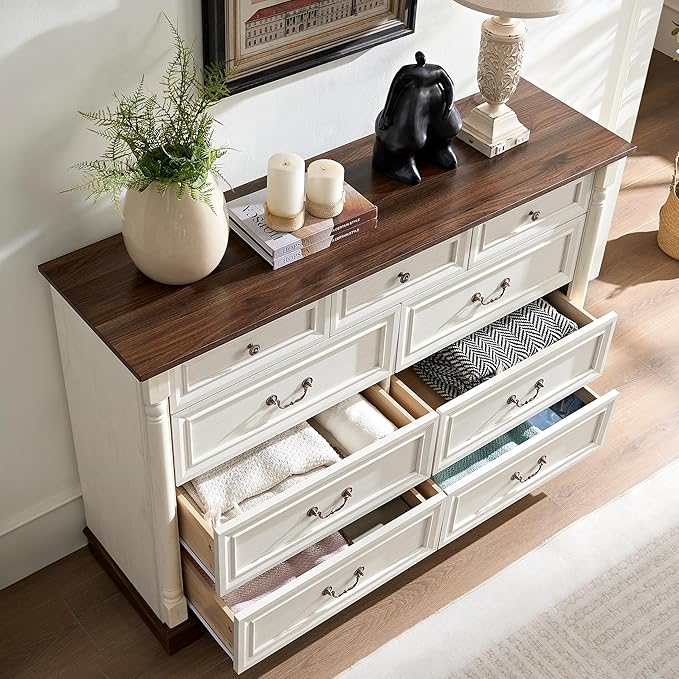 Farmhouse 9 Drawer Dressers for Bedroom, 54" Wood Dresser with Deep Drawers & Roman Column, Big Chest of Drawers for Living Room, Hallway, Antique White