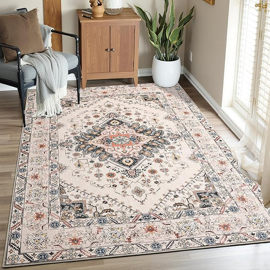 Vintage Area Rug 5x8 Rugs, Machine Washable Vintage Area Rug Non-Slip Low Pile Large Rug for Living Room, Bedroom, Farmhouse, Dining Room, Beige