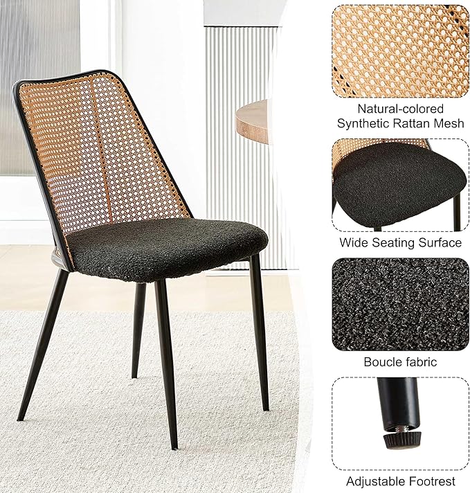 Modern Rattan Dining Chairs Black Set of 4, Upholstered Dining Room Chairs Boucle Woven Cane Kitchen Dining Accent Chairs for Reception Rooms, Restaurant
