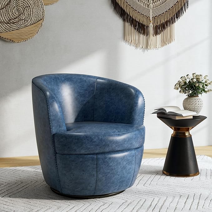 Swivel Barrel Chair, Modern Round PU Leather Accent Armchair for Living Room, Bedroom, Comfy Club Reading Chairs for Adults (Leather Navy Blue, Set of 2)