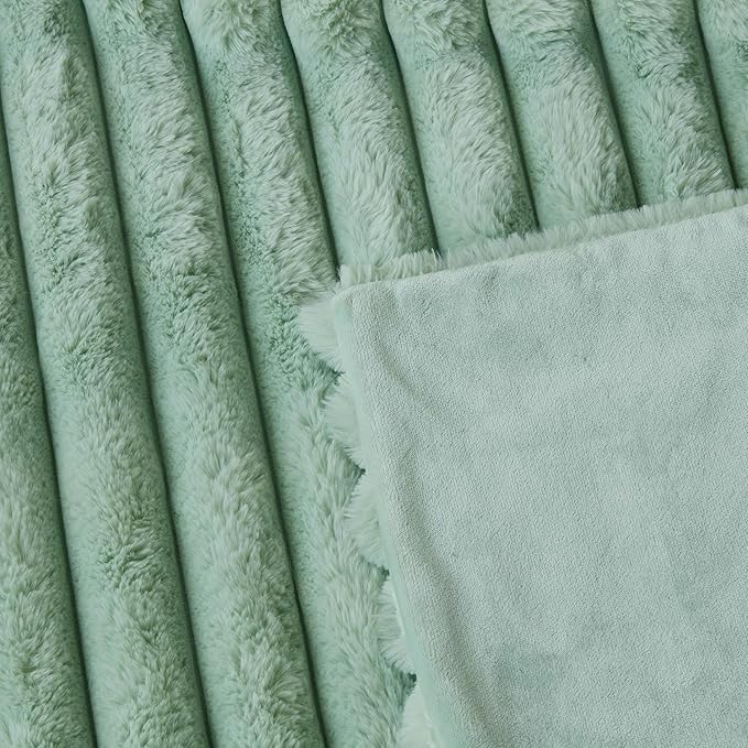 Faux Fur Throw Blanket for Couch, Cozy Warm Plush Striped Blanket for Sofa Bedroom Living Room, 50x60 Inches Sage Green
