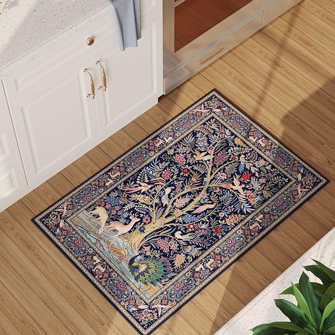 Indoor Door Mat 2x3 Rug Vibrant Tree of Life-Patterned Vintage Machine Washable Small Area Rug Non-Slip Low Pile Throw Rugs for Entryway Kitchen Front Door Entrance Entry Kids Room, Blue