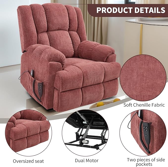 Luxlen Power Lift Recliner Chair for Elderly, Heat Massage Recliners, Dual Motor Oversized Lift Chair, Medium-Firm Electric Lift Recliners with Remote - Red