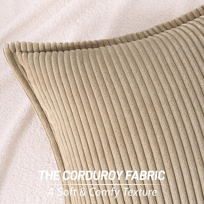 Mecatny Corduroy Throw Pillow Covers 22x22 Set of 2, Neutral Decorative Soft Boho Couch Pillow Covers with Broadside for Sofa Living Room, Khaki