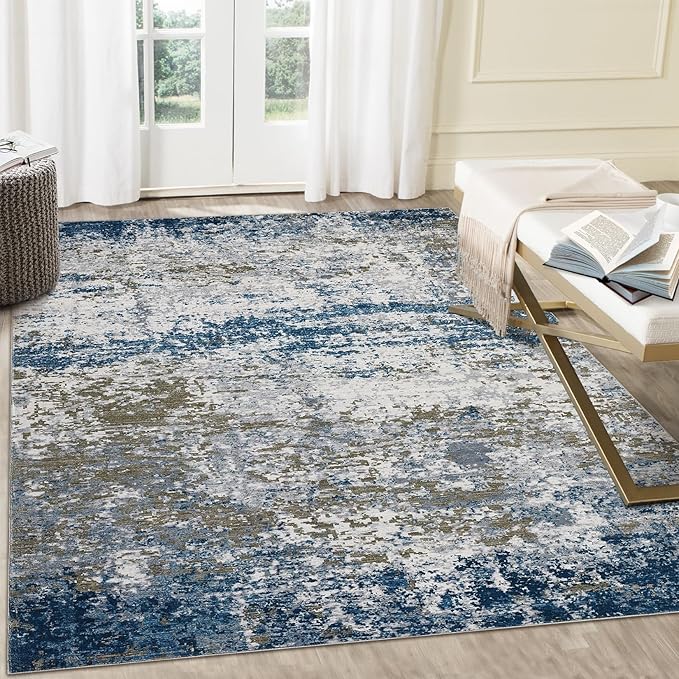 8x10 Modern Abstract Rug Faux Wool Accent Ultra Soft Rug Non Slip Non Shedding Large Washable Rug for Living Room Bedroom Dining Room Office Home, Navy