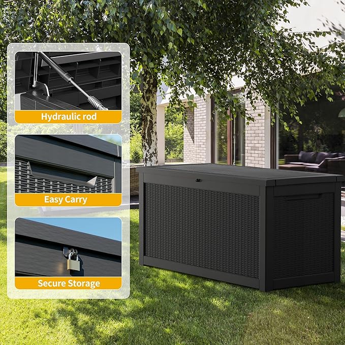 Extra-Large 320 Gallon Outdoor Storage Bin - Waterproof Resin Deck Box for Pool, Patio & Garden, Lockable Outdoor Deck Box for Cushions & Tools, UV-Resistant, Jet Black