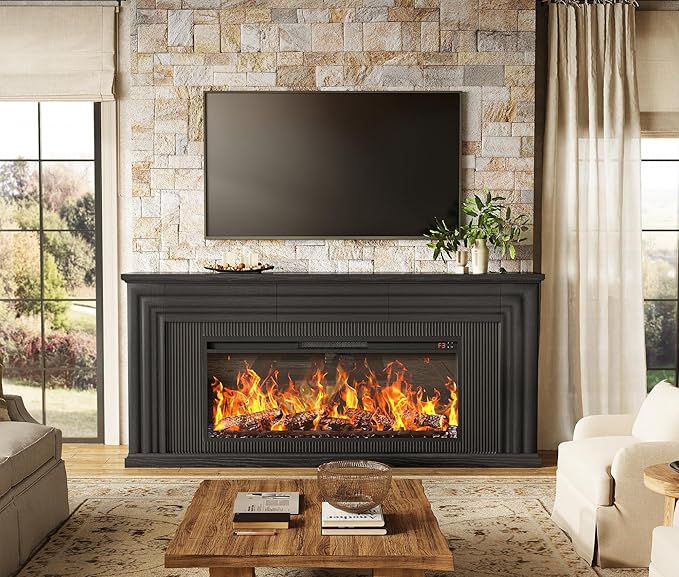 PRAISUN 70'' Fireplace TV Stand with 42'' Electric Fireplace, Farmhouse TV Stand for 65 75 Inch TV, Entertainment Center TV Console with 3 Drawers, Fluted Design, for Living Room, Black