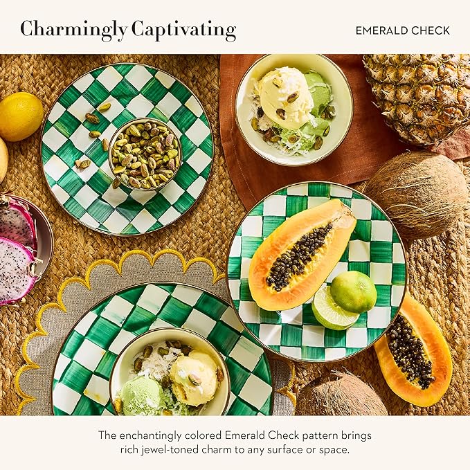 MACKENZIE-CHILDS Enamel Dinner Plate, Decorative Dinnerware Plate, 10 Inches, Green-and-White Emerald Check