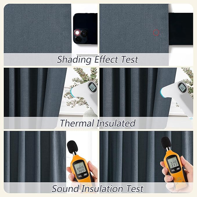 Guken 100% Blackout Linen Curtains 63 Inch Length 2 Panels Set for Living Room Bedroom Back Tab Thermal Insulated Black Out Linen Drapes Room Darkening Window Curtains,Vintage Blue